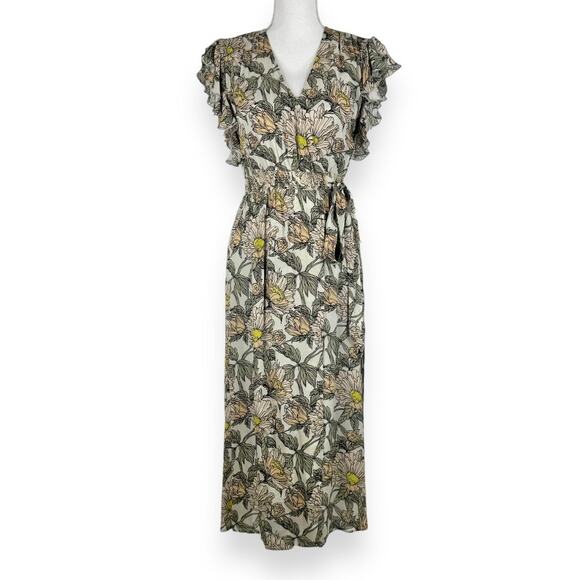 Anthropologie Blank London Dress Womens XS Gray Floral Flounce Maxi Wrap - Picture 1 of 14